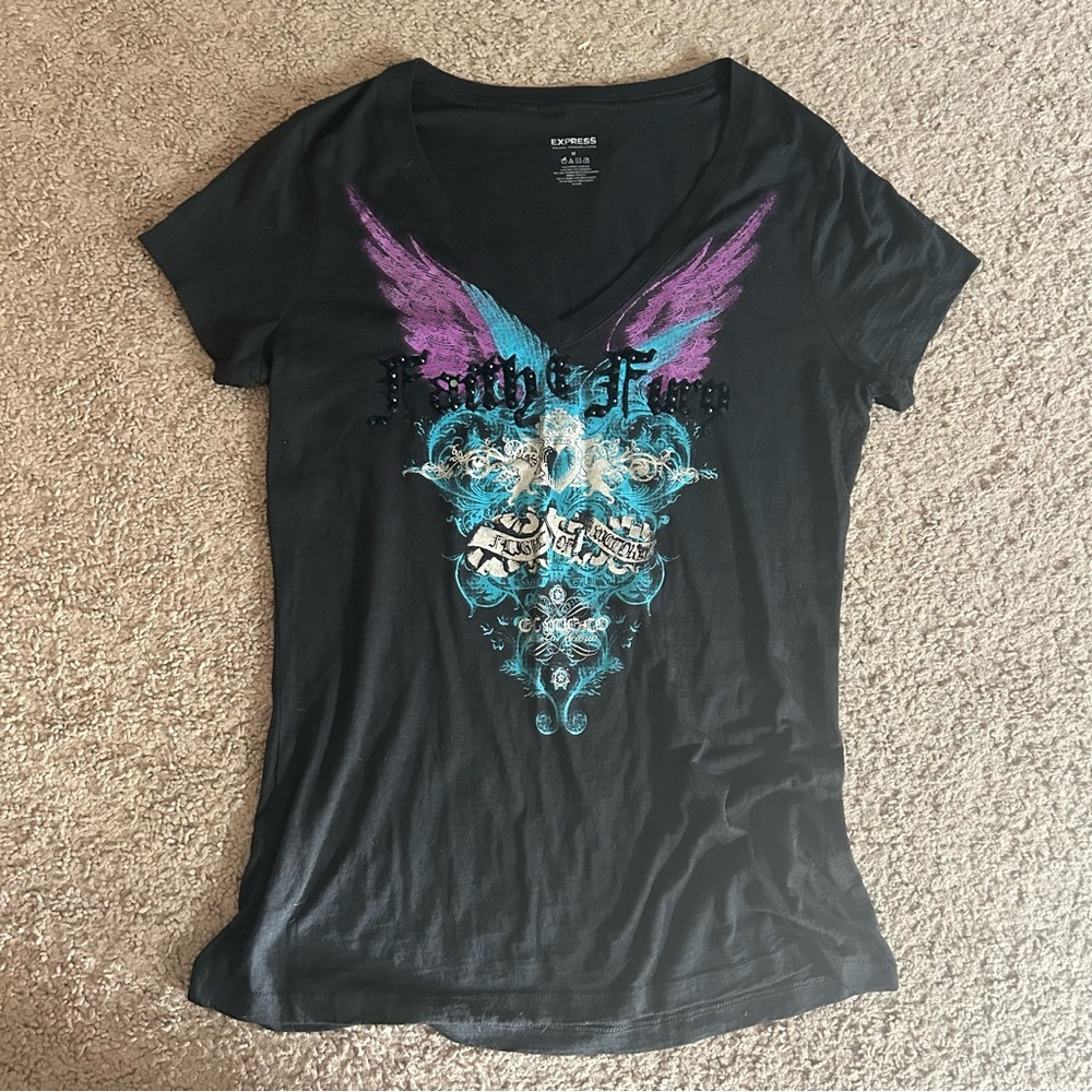 Express Women's Black Graphic V-Neck Tee with Purple & Teal Artwork Medium